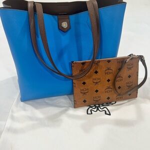 Beautiful RARE MCM Blue and Brown Tote Bag with Pouch in excellent condition😍